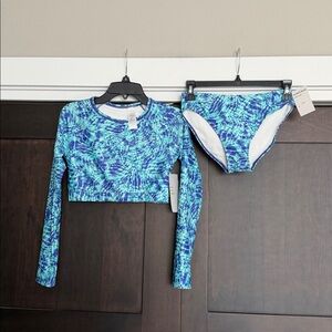 Z by Zella Girl Blue Tie Dye 2 Piece Long Sleeve Rashguard swimsuit Set size 14